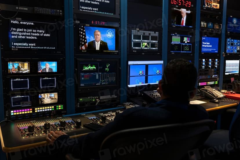 A television broadcast control room lined with monitors