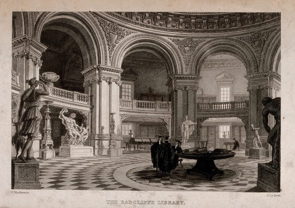 An engraving of the interior of a domed classical library