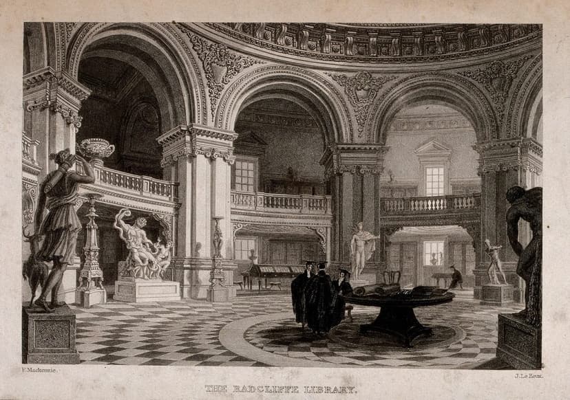 An engraving of the interior of a domed classical library