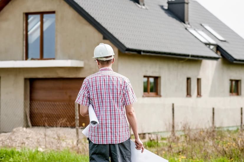 A builder in a hard hat carrying rolled plans towards a house under construction